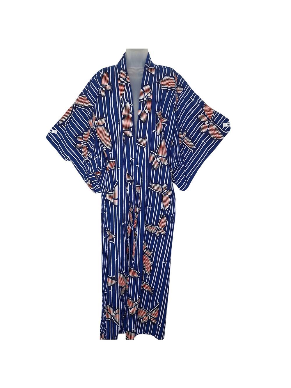 Vintage Cotton Kimono Butterfly Japanese Striped Long Robe Wrap Lightweight